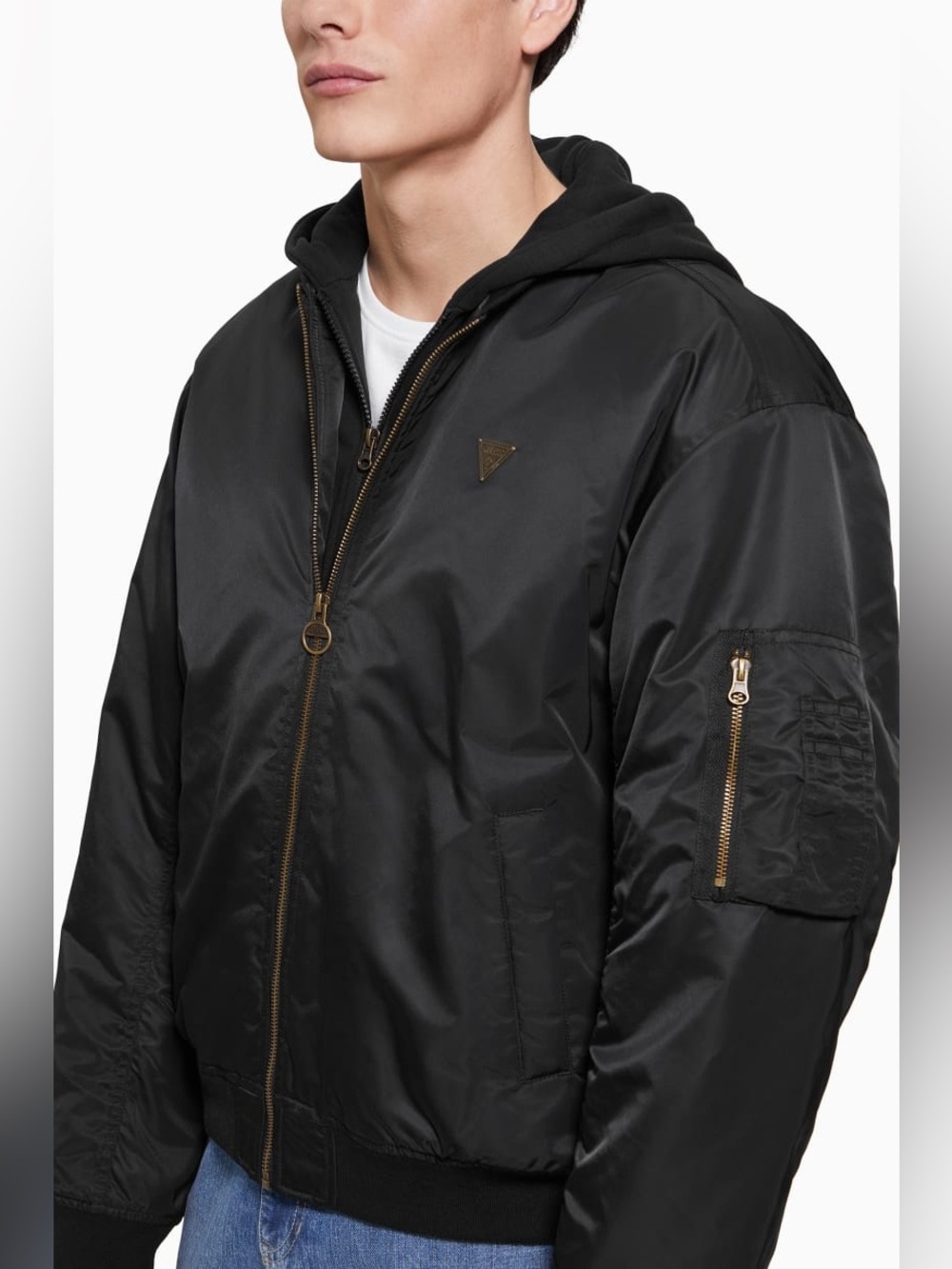 GUESS Men’s Hooded Bomber Jacket Jet Black Size Medium NWT Flaw - Picture 3 of 12